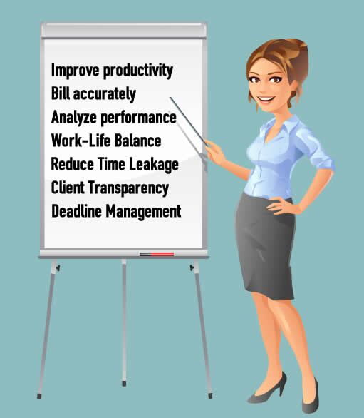 Lady in comic style standing in front of a board displaying the advantages of using Xpert-Timer
