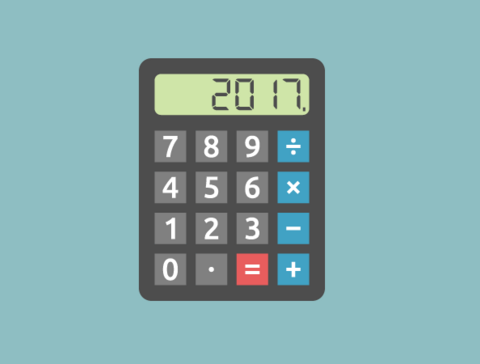 A calculator with grey, blue and red buttons
