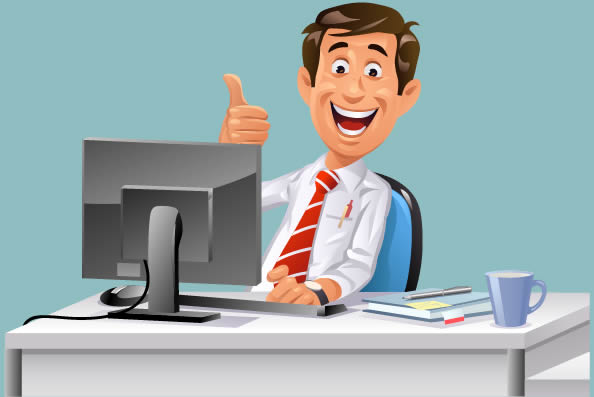 Man sitting at the desk pointing the thumb up in comic style