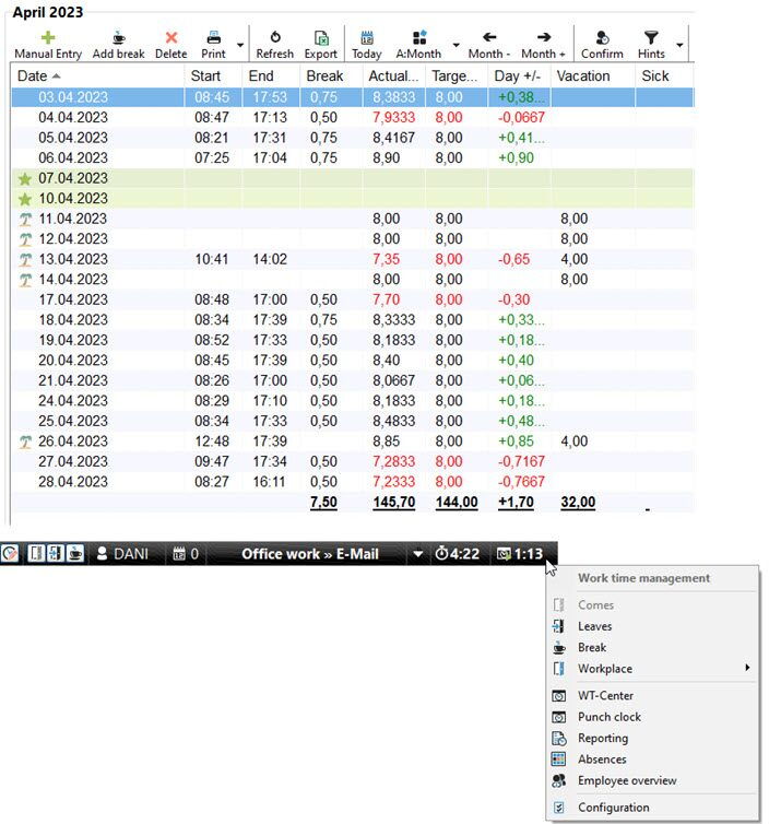 Time bar and screenshot of the time tracking software Xpert-Timer