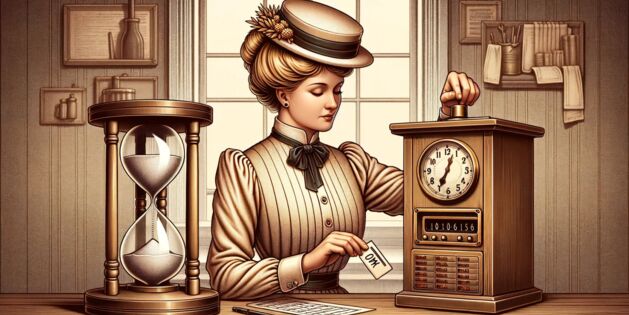 Dame die um 1900 ihre Arbeitszeit an einem Schreibtisch stempelt. Neben ihr steht eine große Sanduhr.
