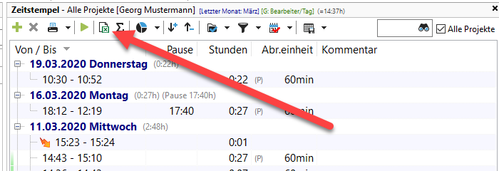 Knopf für Daten exportieren nach Excel