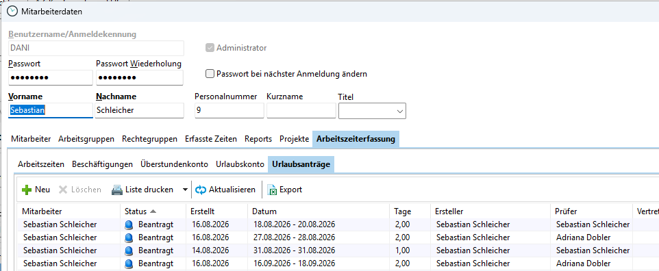 Bildschirmfoto des Dialogs eines neuen Urlaubsantrags.