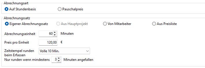 Bildschirmfoto zu Abrechnungssatz und Rundung im Xpert-Timer