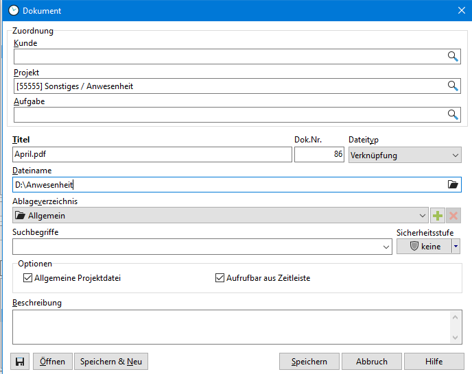 Der Dialog zum Anlegen eines Dokuments in Xpert-Timer pro