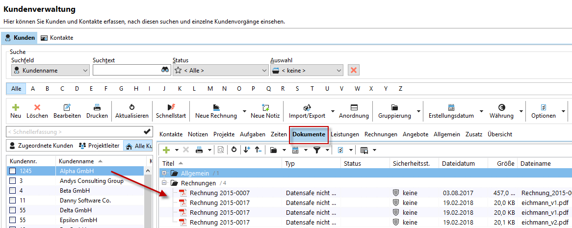 Die Dokumentenverwaltung in Xpert-Timer pro mit den Unterlagen eines Kunden