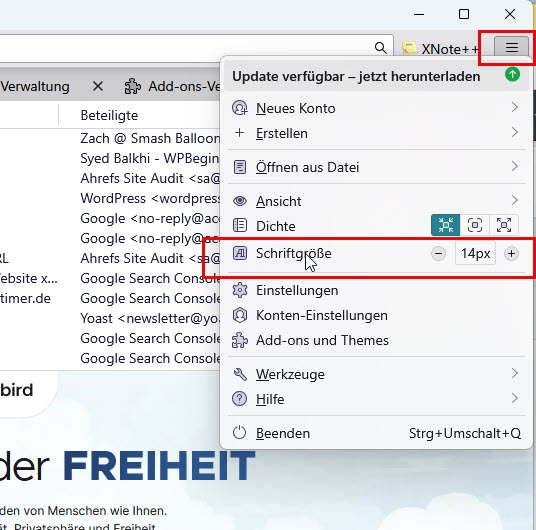 Dialog zum Ändern der Schriftgröße