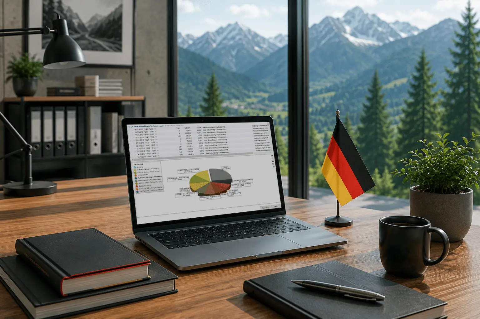 Laptop auf dem Schreibtisch mit einer bayerischen und einer deutschen Fahne