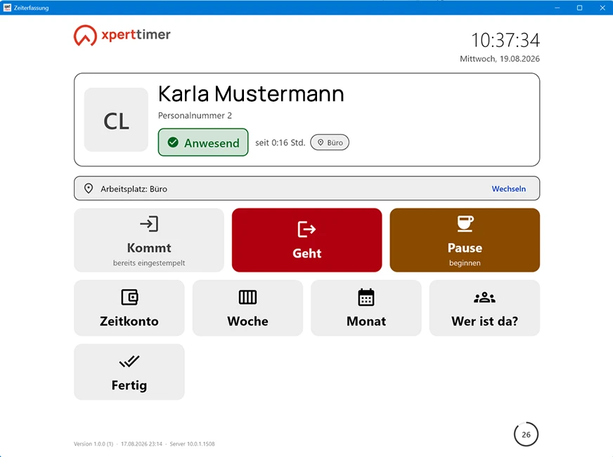 Das XTworks-Terminal: Anwesenheit von Karla Mustermann, darunter Schaltflaechen fuer Kommt, Geht und Pause