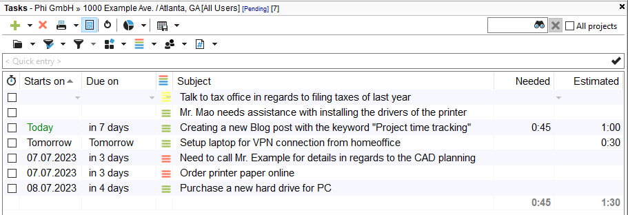 Screenshot of the To Do list in Xpert-Timer project time tracking