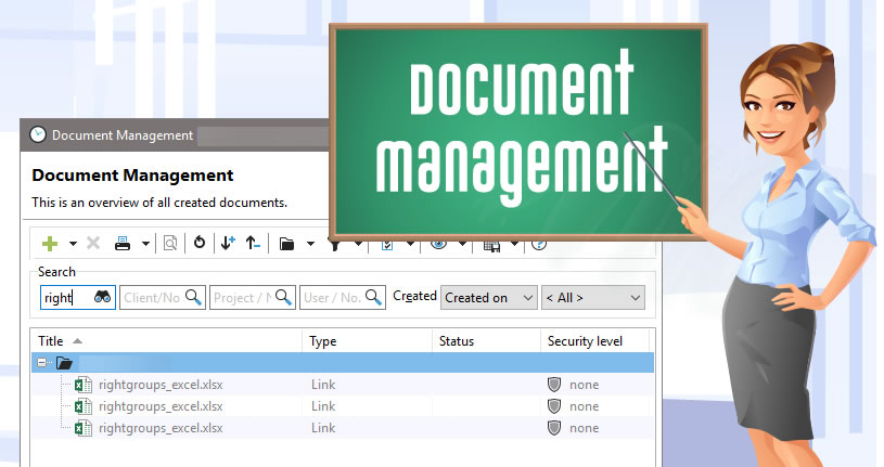 A woman in comic style standing in front of a chalkboard pointing to the word Document management.