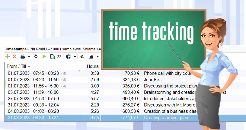Product logo of the time tracking software and a woman staning in front of a board with the word time tracking in comic style