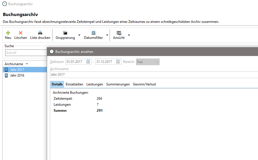 Ansicht der enthaltenen Projekte für das Buchungsarchiv