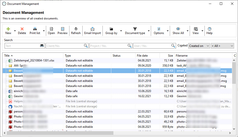 Listing of all documents in the document management of Xpert-Timer
