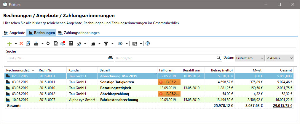 Auflistung der erstellten Rechnungen im Xpert-Timer