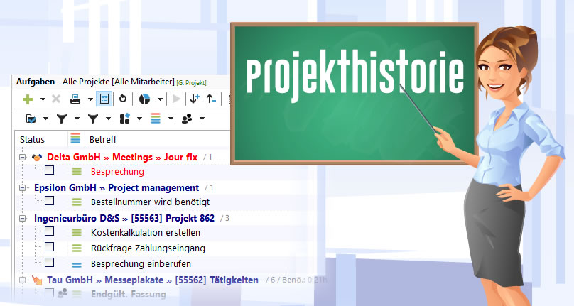 Eine Dame im Comic Stil an einer Tafel auf dem das Wort Projekthistorie steht, als Logo für das Modul.