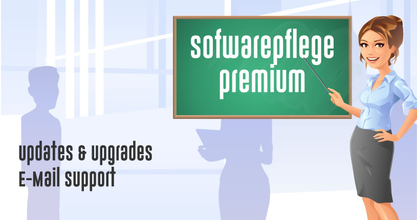 Eine Dame im Comic Stil an einer Tafel auf dem die Wörter Softwarepflege Premium steht, als Logo für den Wartungsvertrag.