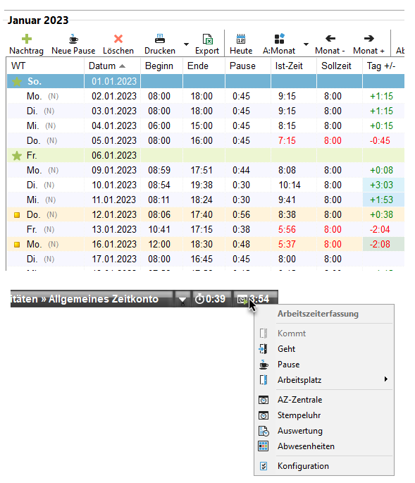 Arbeitszeiterfassung über die Zeitleiste