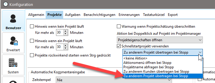 Screenshot des Dialogs zum Starten von Schnellstartprojekten