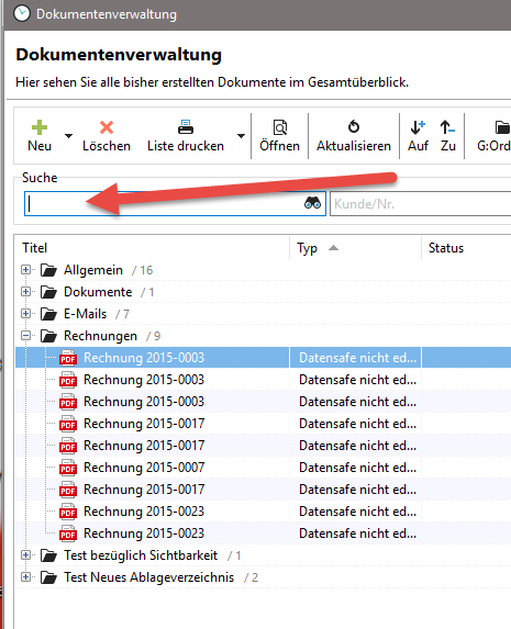 Suchfeld in der Dokumentenverwaltung
