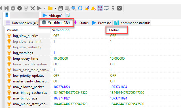 Setzen der Variablen über HeidiSQL