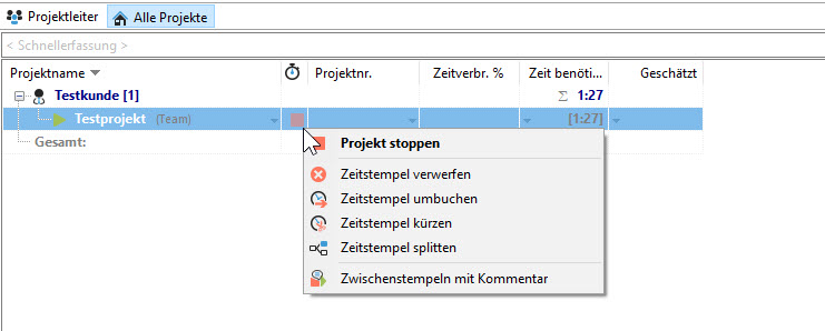 Start-Stopp Spalte im Projektmanager