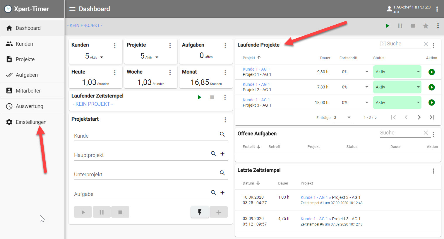 Projektliste im Dashboard