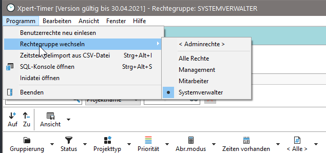 Im Programm besteht die Möglichkeit eine Rechtegruppe zu wechseln, um diese entsprechend einzurichten.