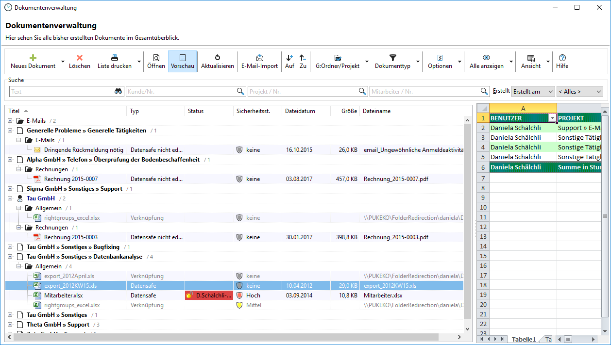 Ansicht aller Dokumente in der Software
