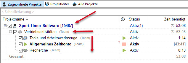 Screenshot der Projekthierarchie in der Software Xpert-Timer