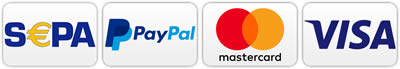 Logos der Bezahlmethoden Sepa, Visa, Paypal