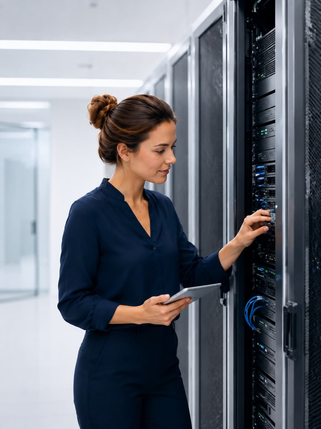 Woman at server – on-premises time tracking solution