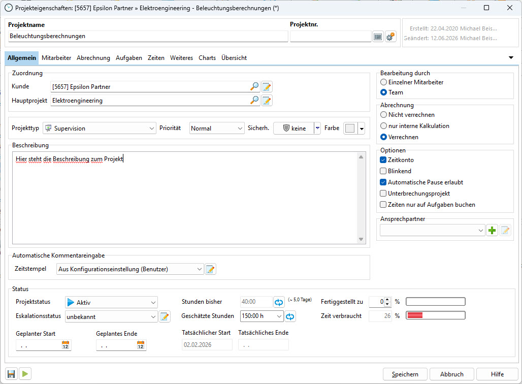 Xpert-Timer Pro – Projekteigenschaften mit Budget, Team und Abrechnung